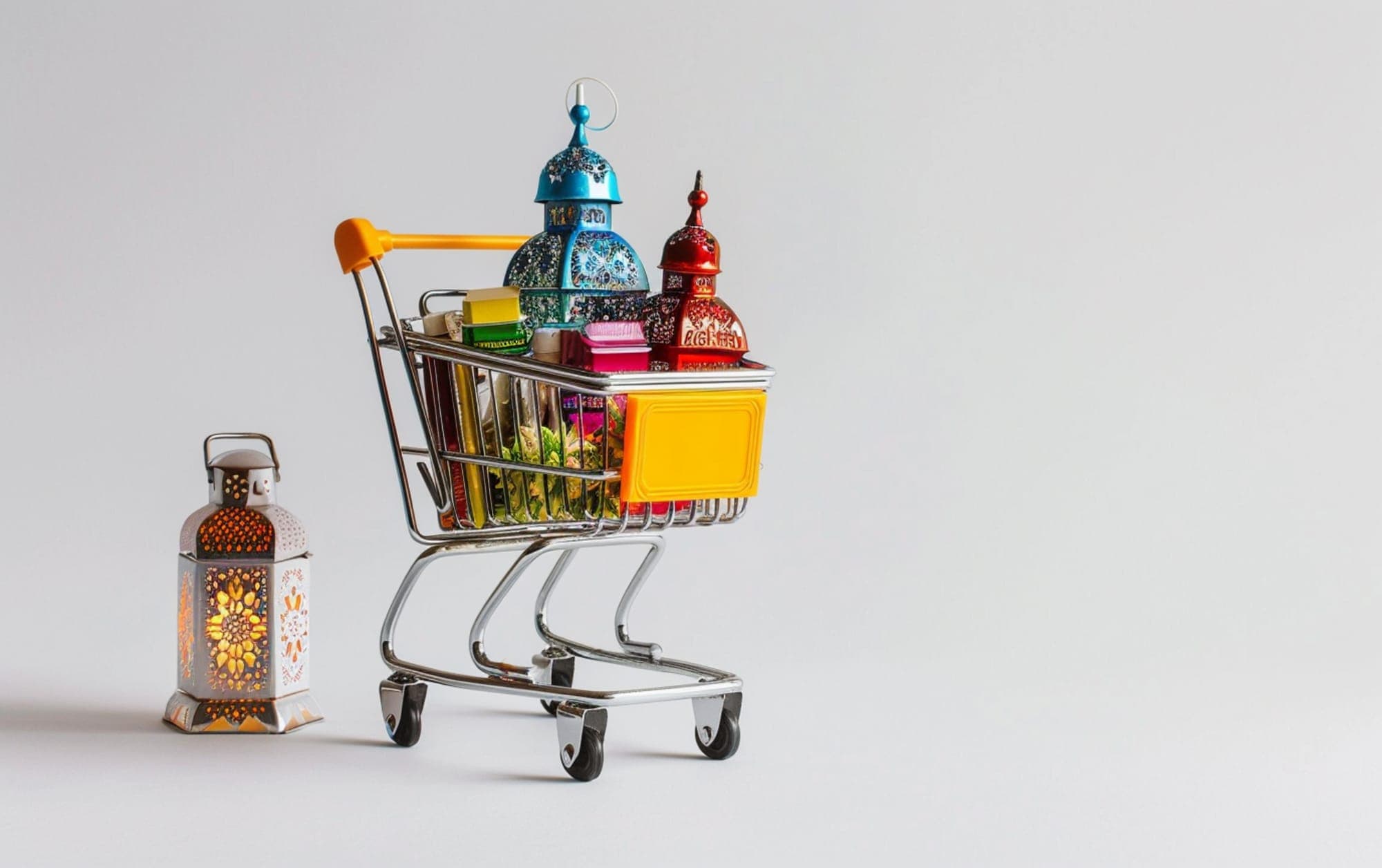 Ramadan shopping cart filled with consumer products and lanterns