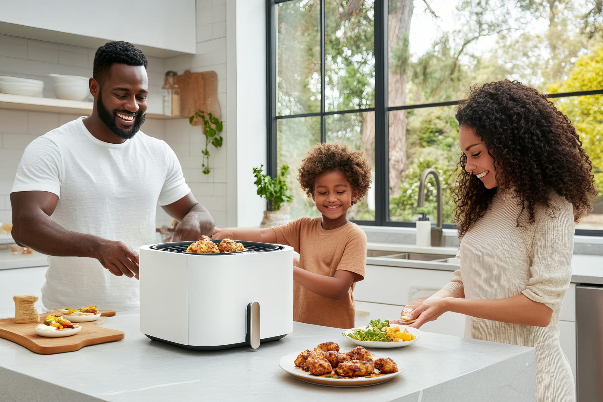 Family using a smart air fryer in a connected kitchen